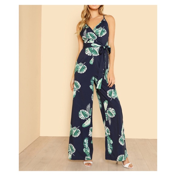 Blue Tropical Print Wide Leg Cami Jumpsuit - Picture 2 of 5